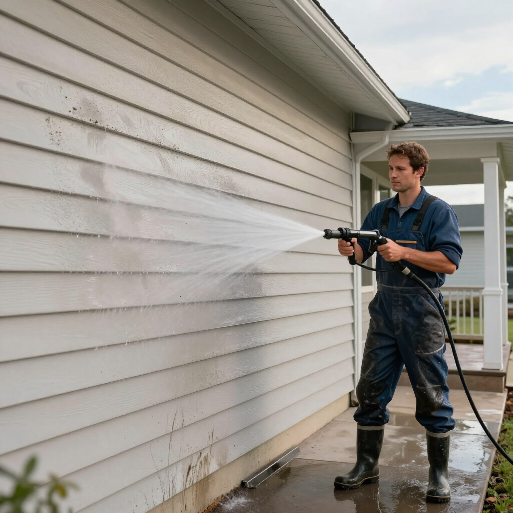 Painter pressure-washing home siding