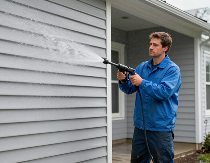 Technician pressure washing a house exterior