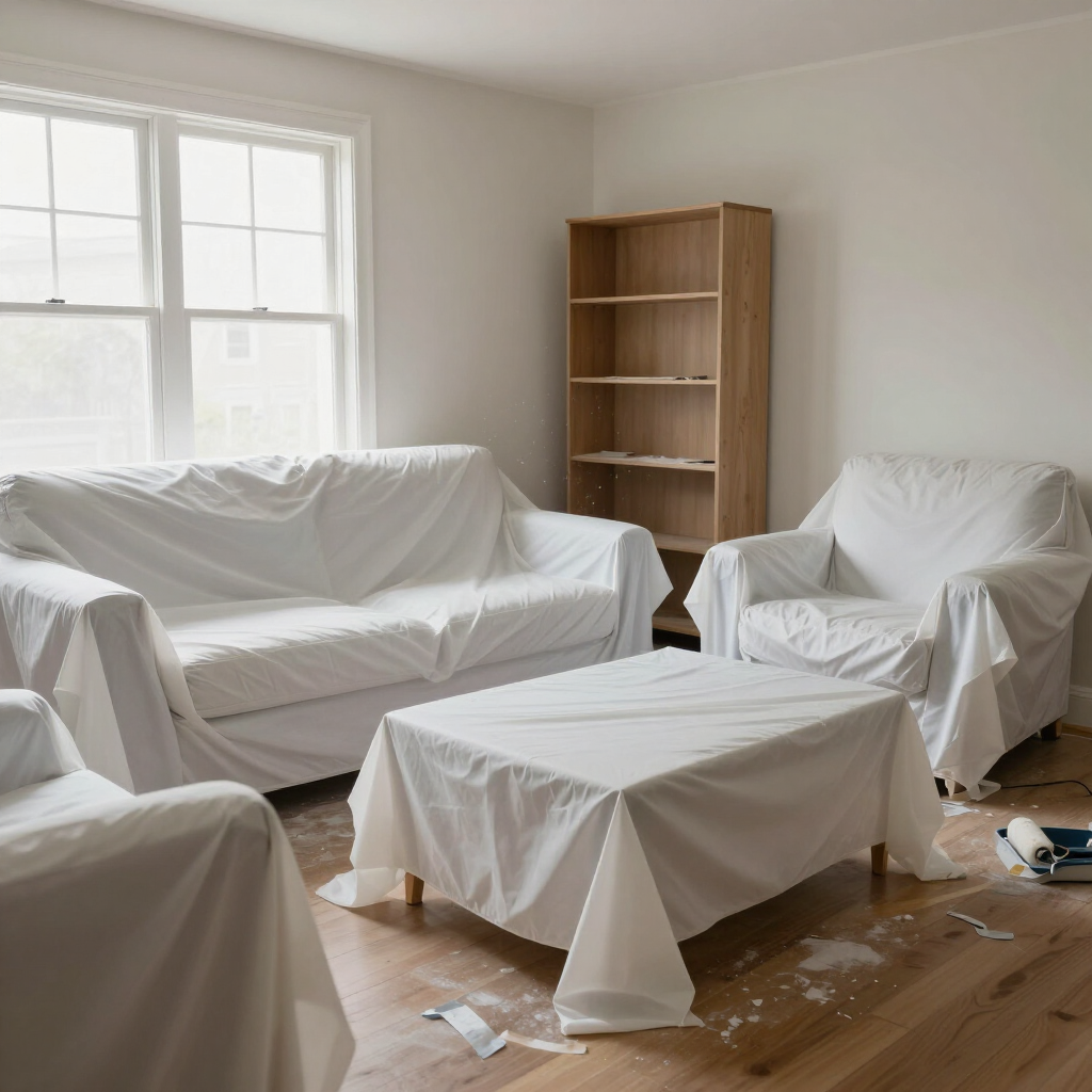 Furniture covered with drop cloth