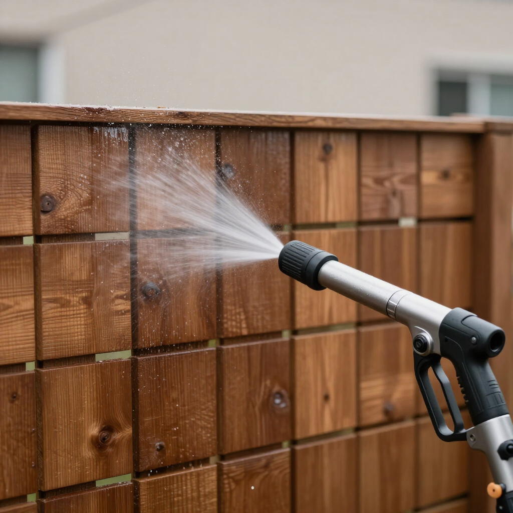 Pressure washer cleaning a wood fence panel