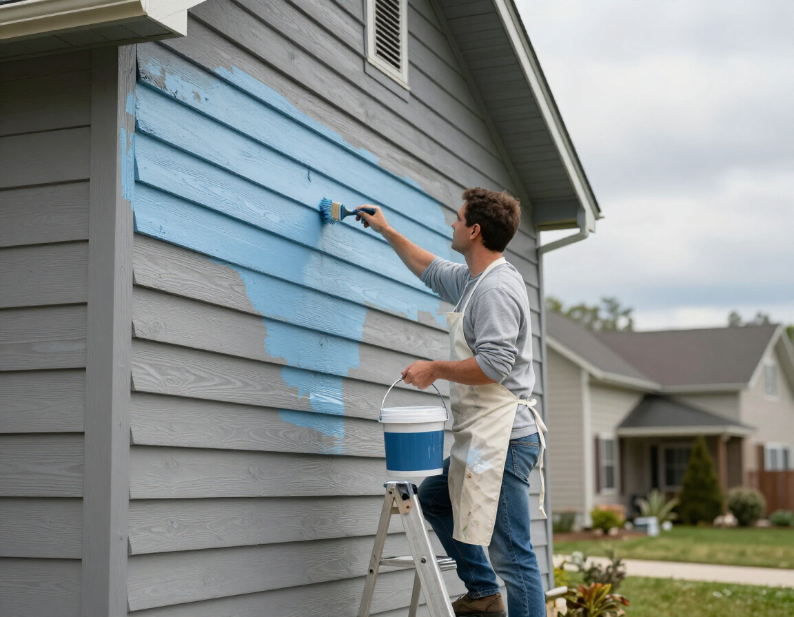 Painter applying exterior paint to home siding