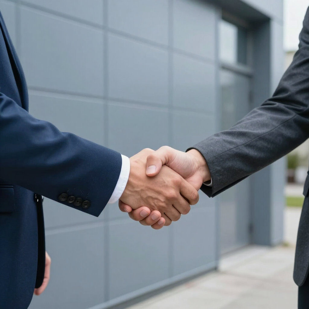 Final inspection handshake near a freshly painted wall