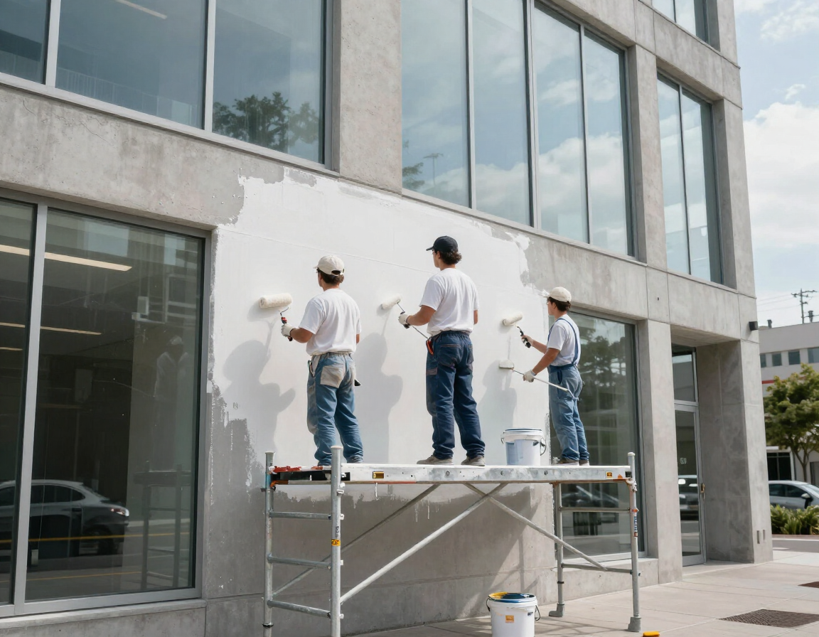 Commercial painting crew on scaffolding repainting an office building exterior
