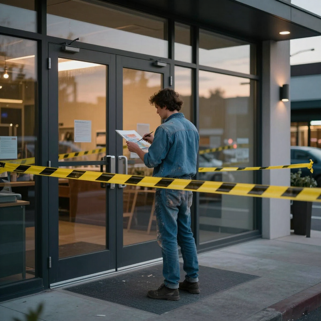 Painter working near a cordoned-off entrance at dusk
