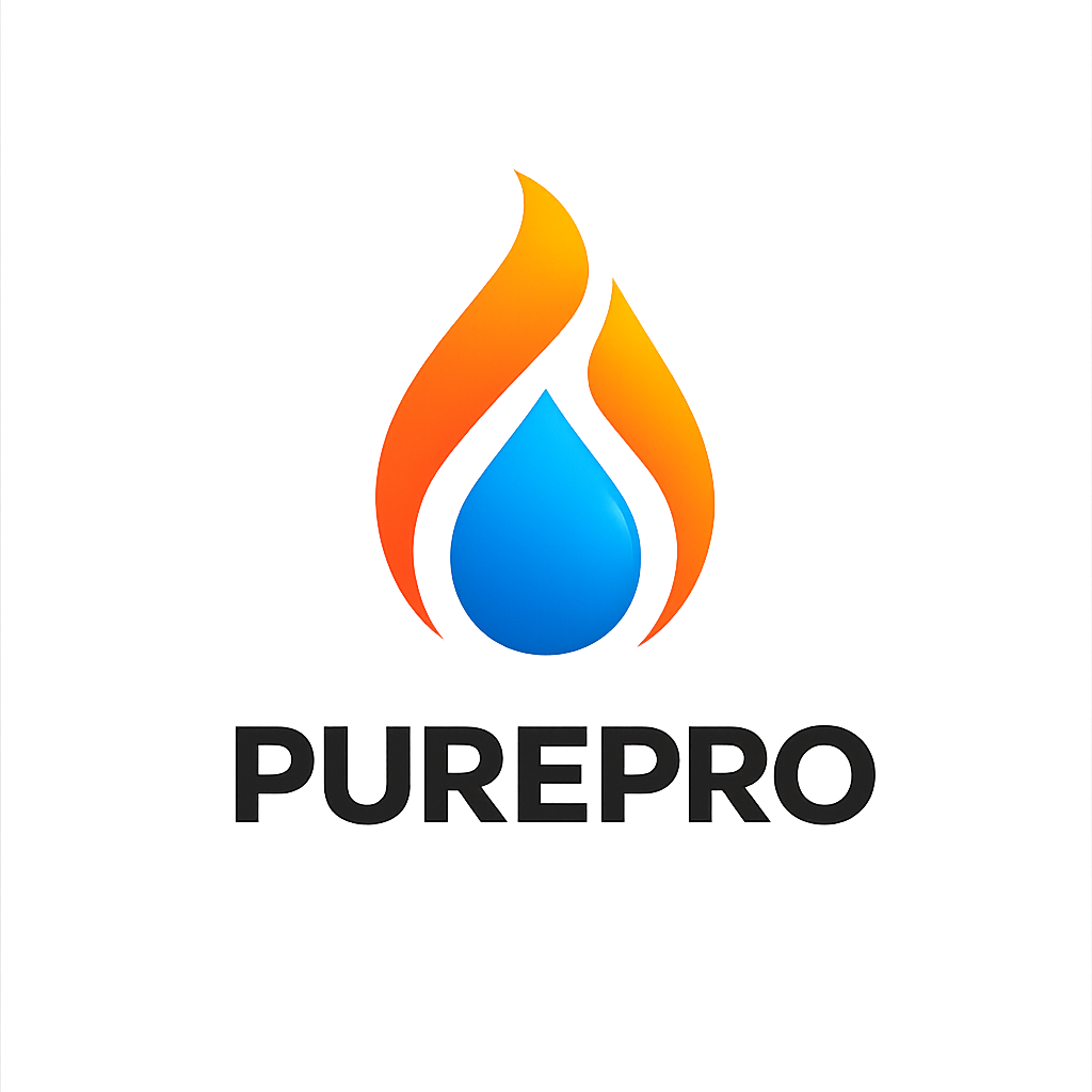 PUREPRO logo with an orange and blue flame/water drop icon above the brand name