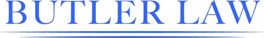 BUTLER LAW logo in blue serif text with a thin blue horizontal line underneath