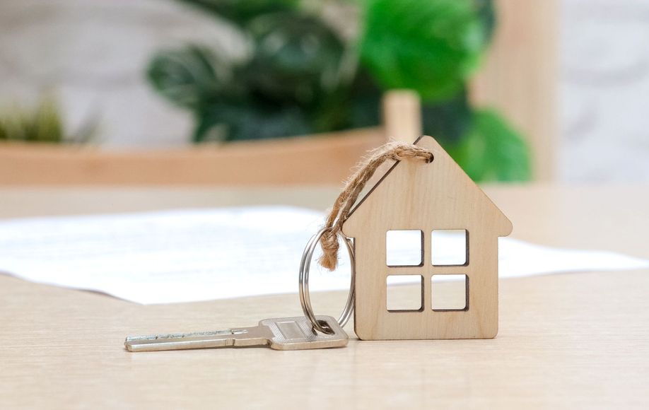 Small wooden house keychain with keys on a light table, blurred green plant in background