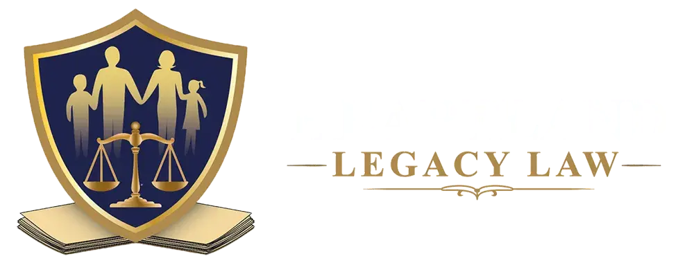 Legacy Law logo with gold justice shield and scales, featuring a family silhouette on a white background