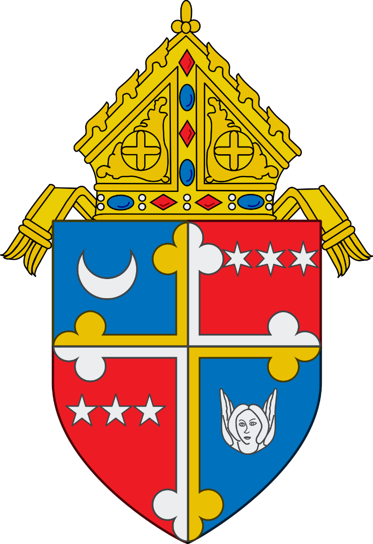 Blue and red four-part heraldic shield beneath a gold bishop’s mitre, with moons, stars, and a face emblem