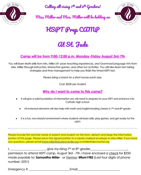 Poster for HSPT Prep Camp at St. Jude in purple and white with event details and logos