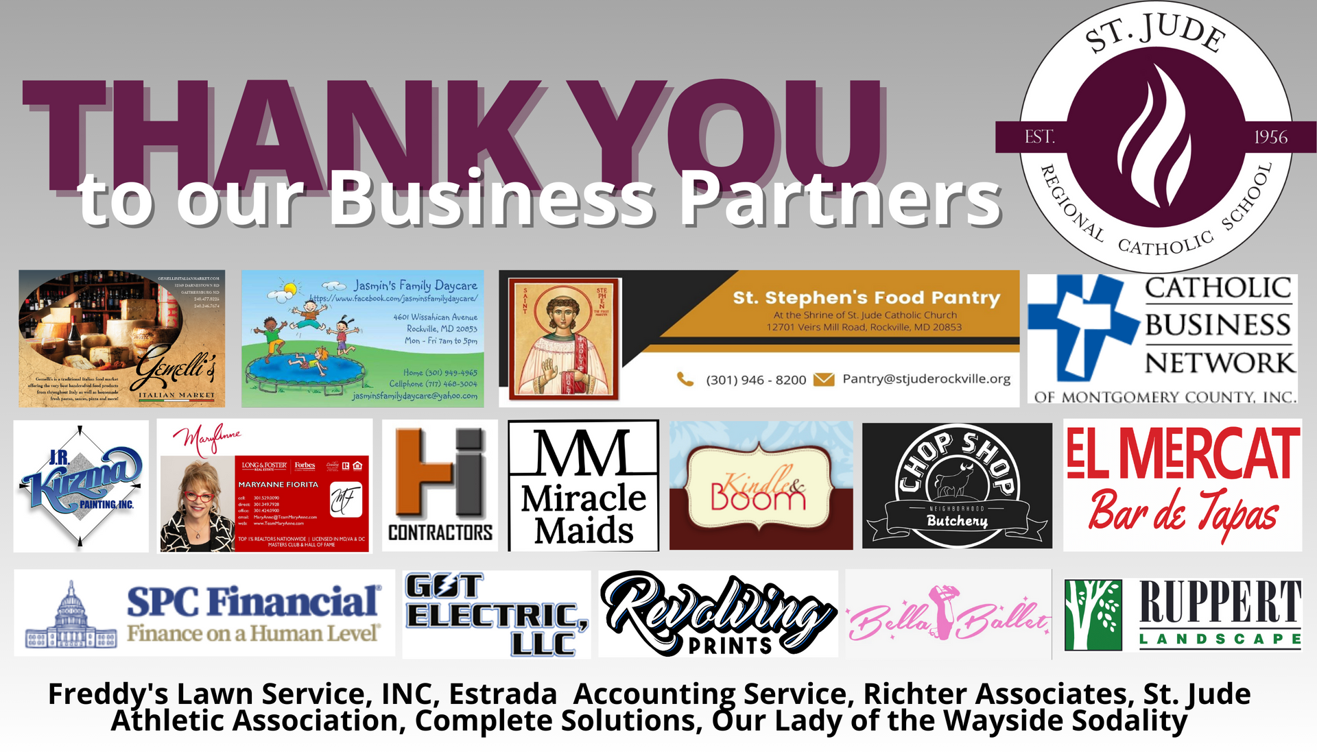 Thank-you banner to business partners with many sponsor logos and a purple-gold St. Jude emblem