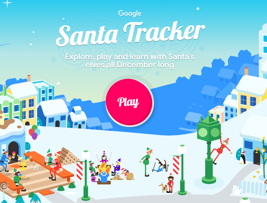 Google Santa Tracker homepage with snowy village scene and pink Play button