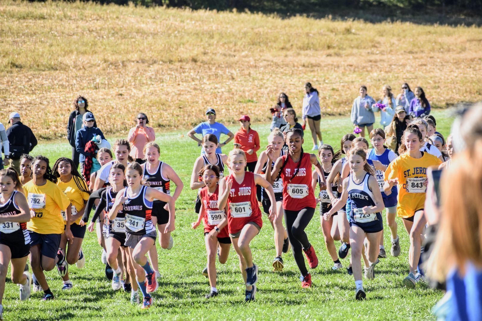 Runners sprinting in a grassy field during a cross-country race, with spectators watching in the background