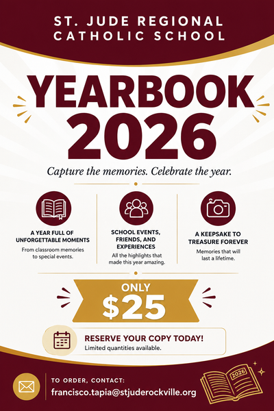 St. Jude Regional Catholic School Yearbook 2026 ad in maroon, gold, and white with $25 offer and order details
