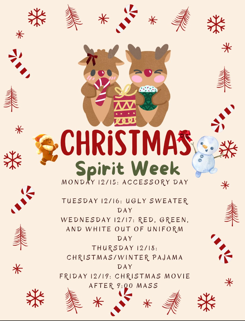 Christmas Spirit Week flyer with reindeer, candy canes, snowflakes, and festive event dates on beige background