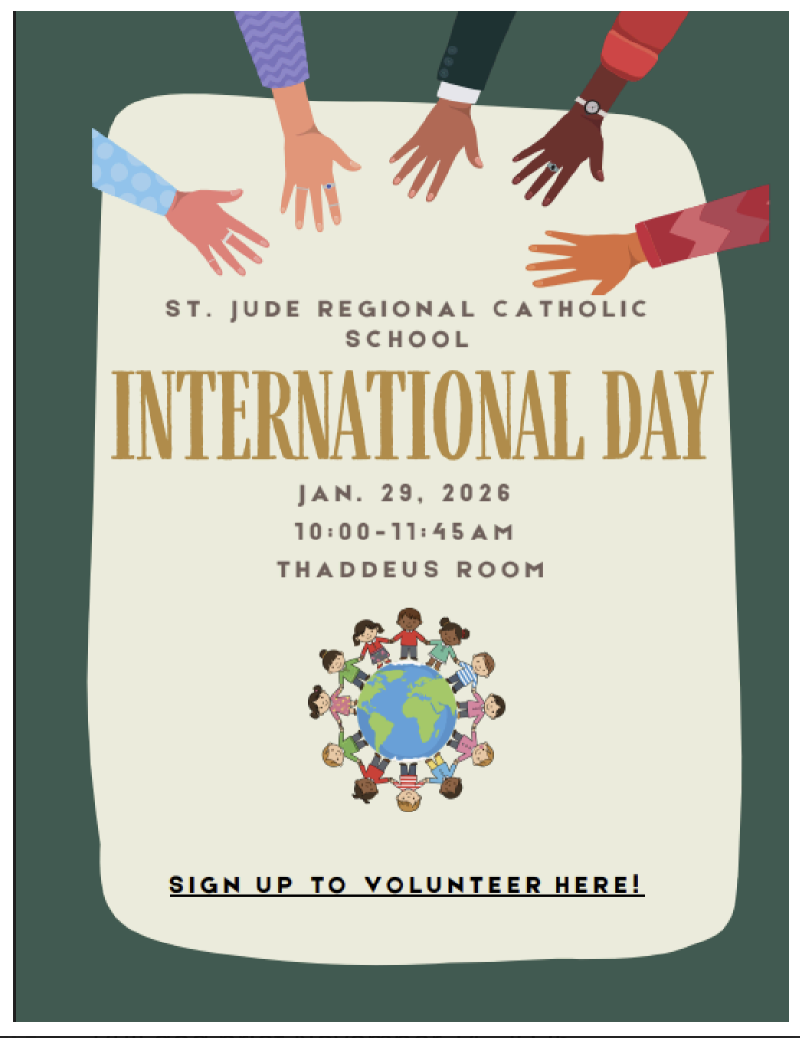 International Day flyer for St. Jude Regional Catholic School with date, time, place, and volunteer sign-up.