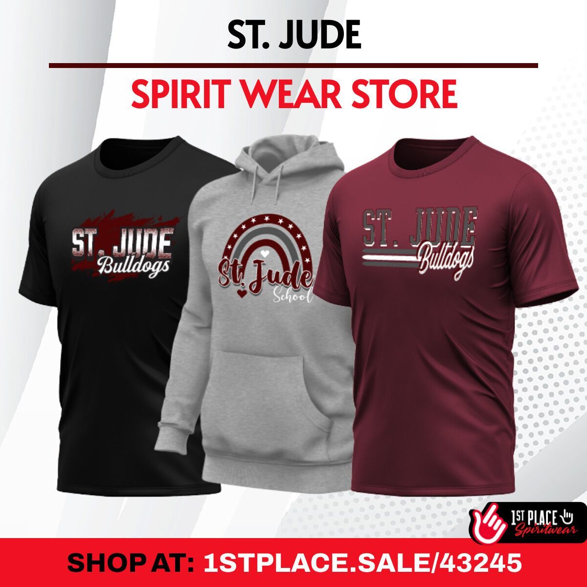 St. Jude spirit wear store ad showing black tee, gray hoodie, and maroon tee with shop link