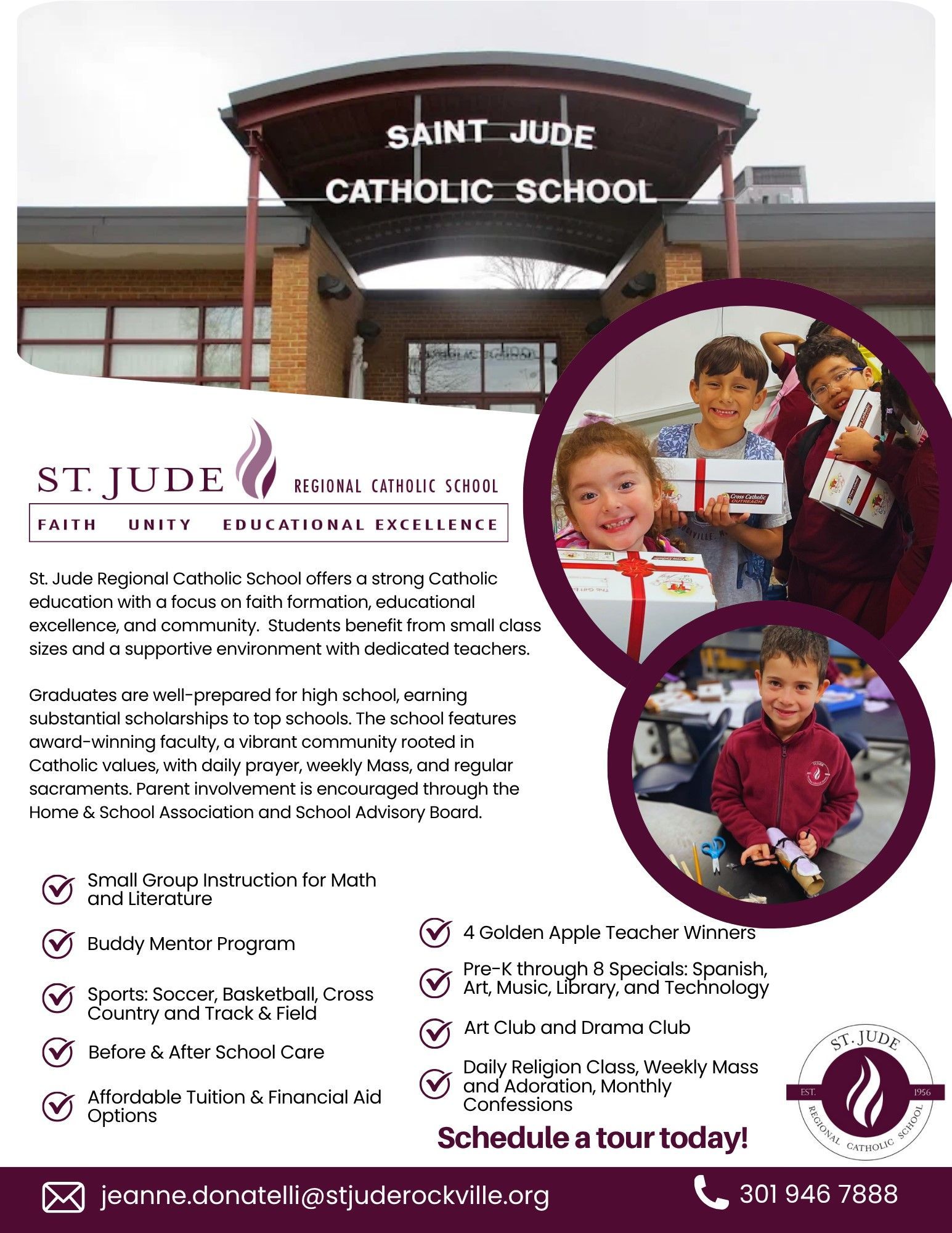 Saint Jude Catholic School flyer with school entrance, student photos, and enrollment information