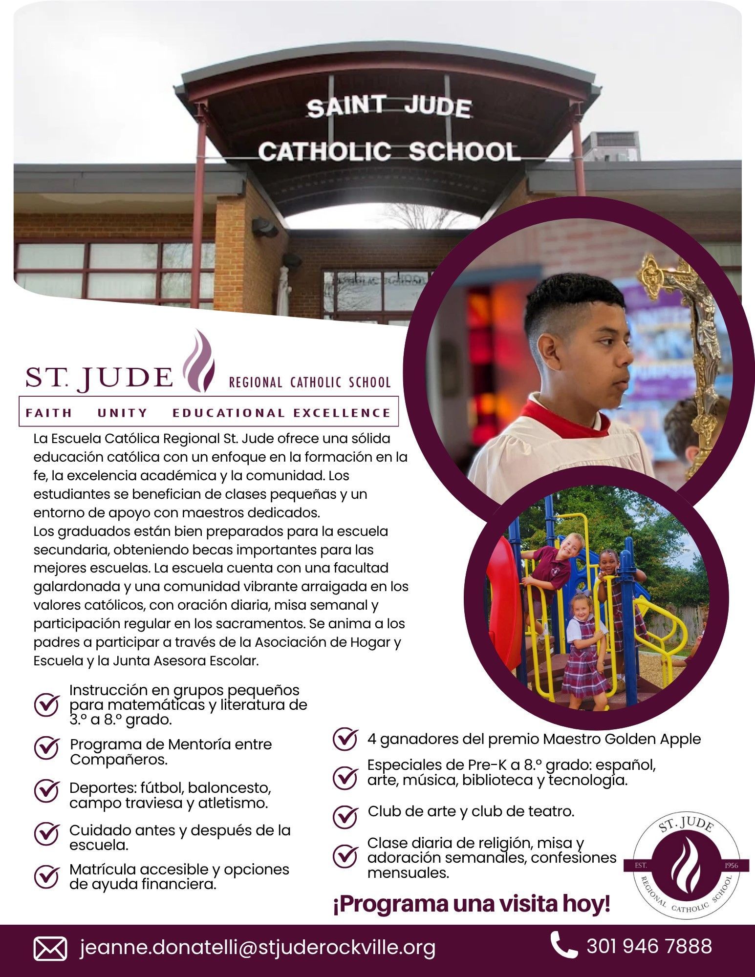 Saint Jude Catholic School flyer with campus photo, student portrait, and program details in maroon and white