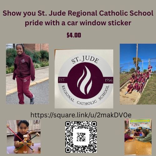 St. Jude Regional Catholic School car window sticker fundraiser ad with logo, QR code, and student photos