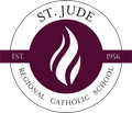 St. Jude Regional Catholic School logo in maroon and white with flame emblem and 1956 text