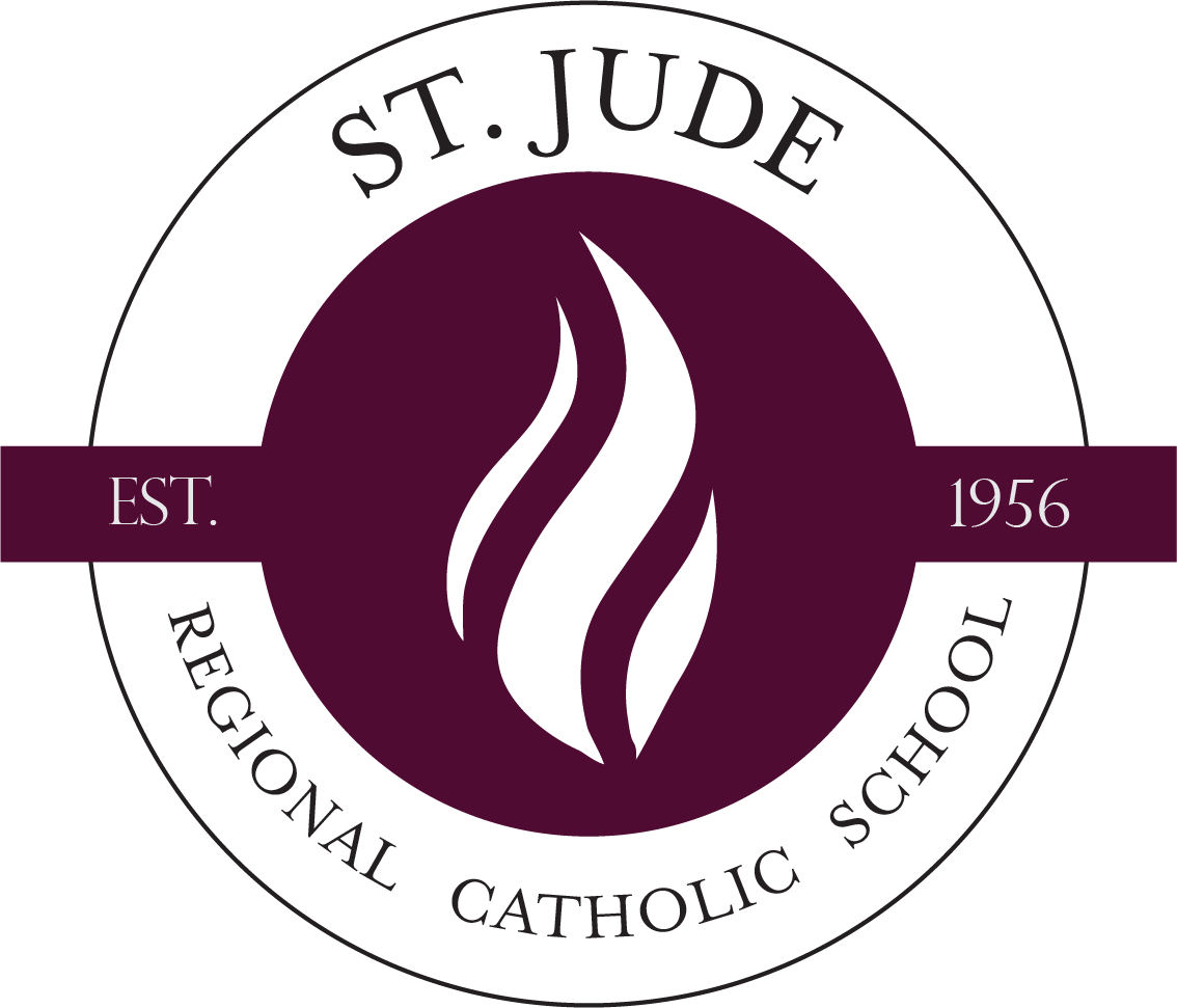 St. Jude Regional Catholic School logo in maroon and white with flame emblem and 1956 text