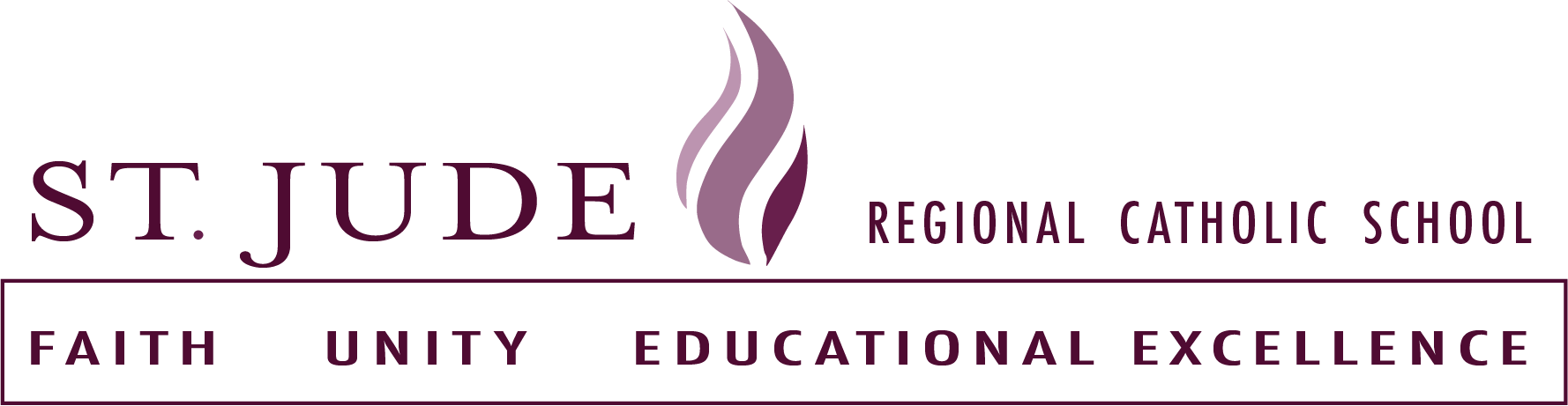 St. Jude Regional Catholic School logo with purple flame and motto “Faith, Unity, Educational Excellence.”