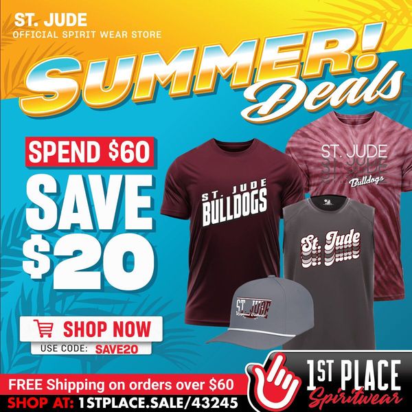St. Jude Summer Deals ad: save $20 on $60, featuring T-shirts, hat, and free shipping on orders over $60