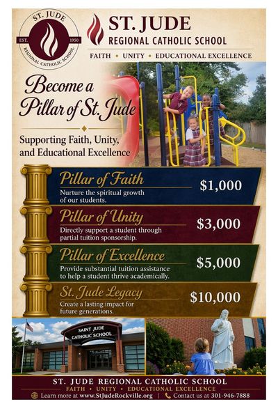 St. Jude Regional Catholic School fundraiser flyer with pillars of faith donation levels and playground photo