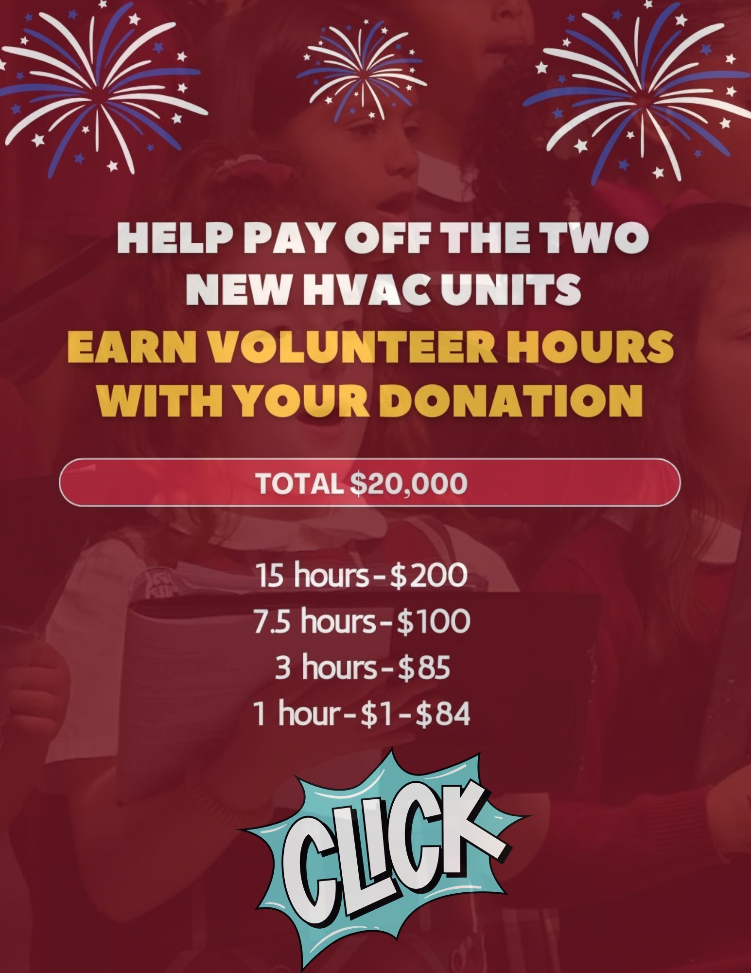 Red volunteer fundraiser poster for new HVAC units with fireworks and donation-hour tiers listed.
