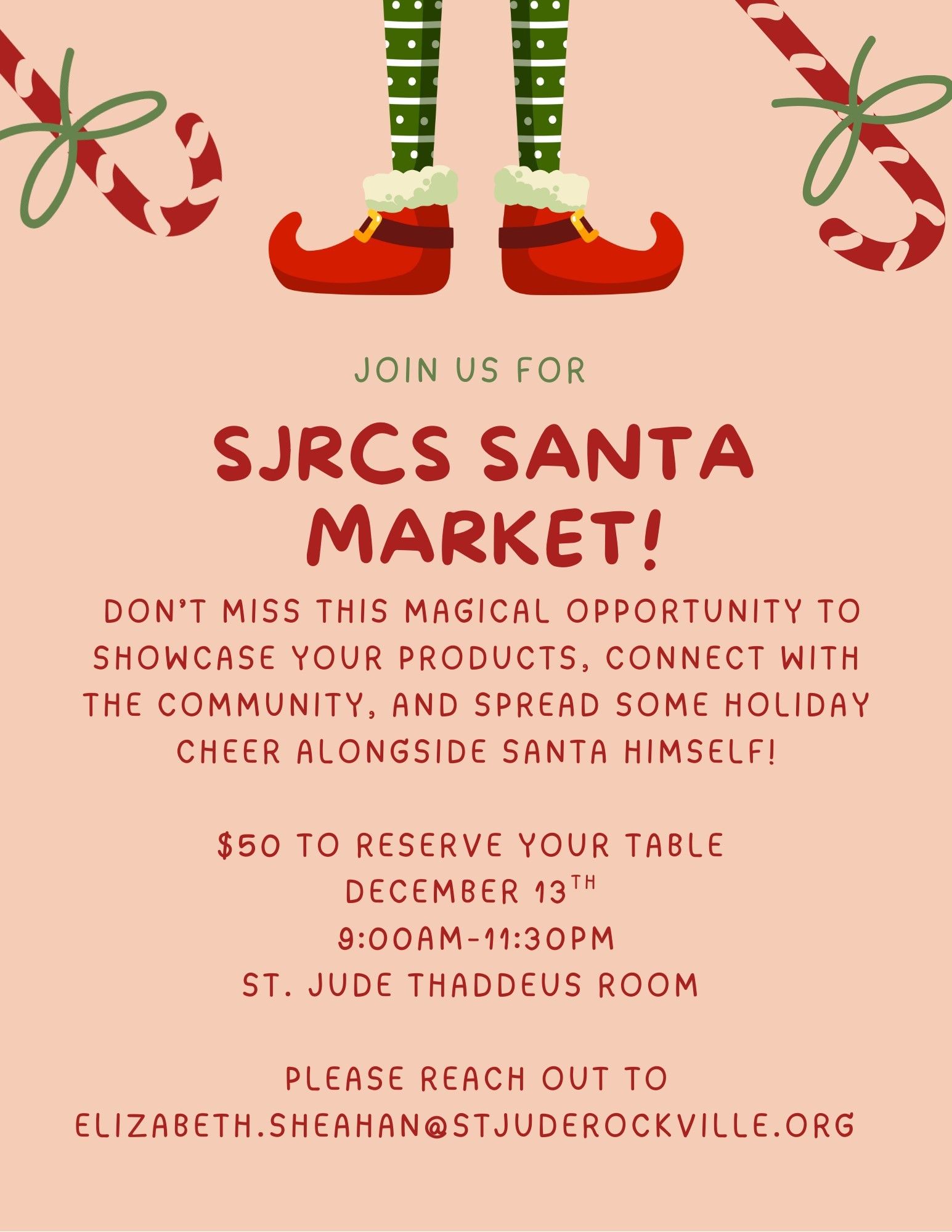 Santa Market flyer in peach and red with candy canes, green boots, and event details for Dec. 13 in St. Jude's hall