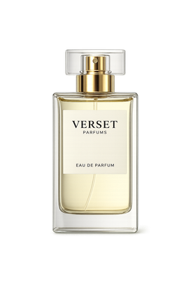 Flacone di profumo Verset color oro con tappo trasparente e liquido giallo pallido su sfondo bianco.