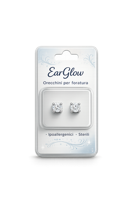Orecchini a perno in argento su cartoncino bianco e azzurro chiaro EarGlow.