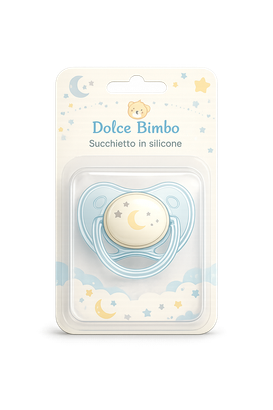 Ciuccio per neonati dai colori pastello, in blister blu e bianco con decorazione di luna e stelle.