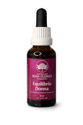 Flacone contagocce color ambra con etichetta “Equilibrio Donna”, etichetta viola e tappo nero.