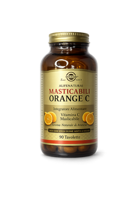 Flacone ambrato di integratore Masticlife Orange C con tappo dorato ed etichetta beige su sfondo bianco.