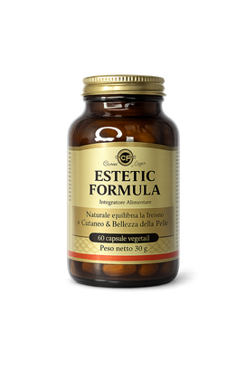 Vasetto in vetro ambrato di crema Estetic Formula con coperchio dorato ed etichetta color crema su sfondo bianco.