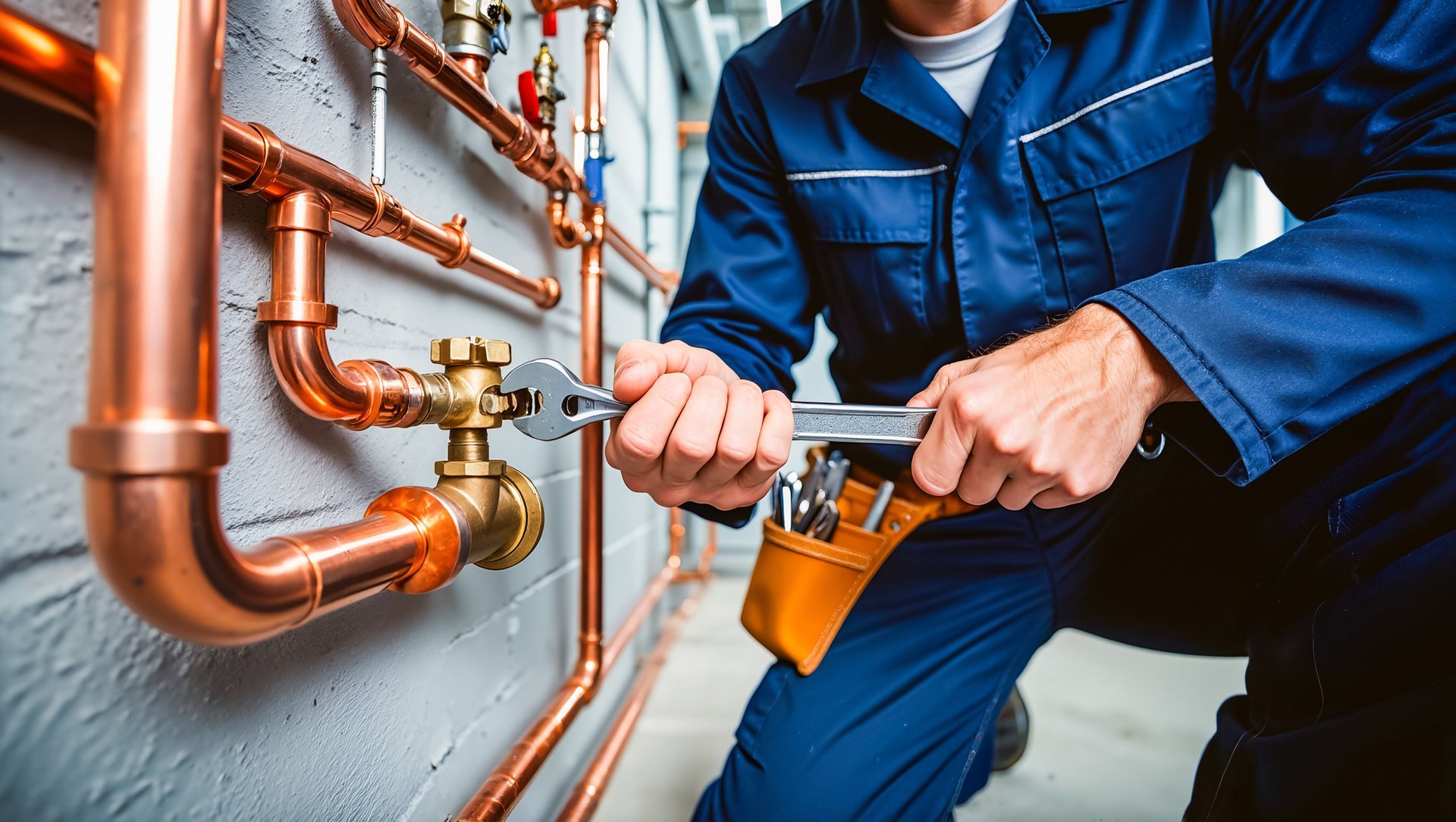 Professional plumber in blue uniform adjusting copper pipes with a wrench. Professional plumber in blue uniform adjusting copper pipes with a wrench.