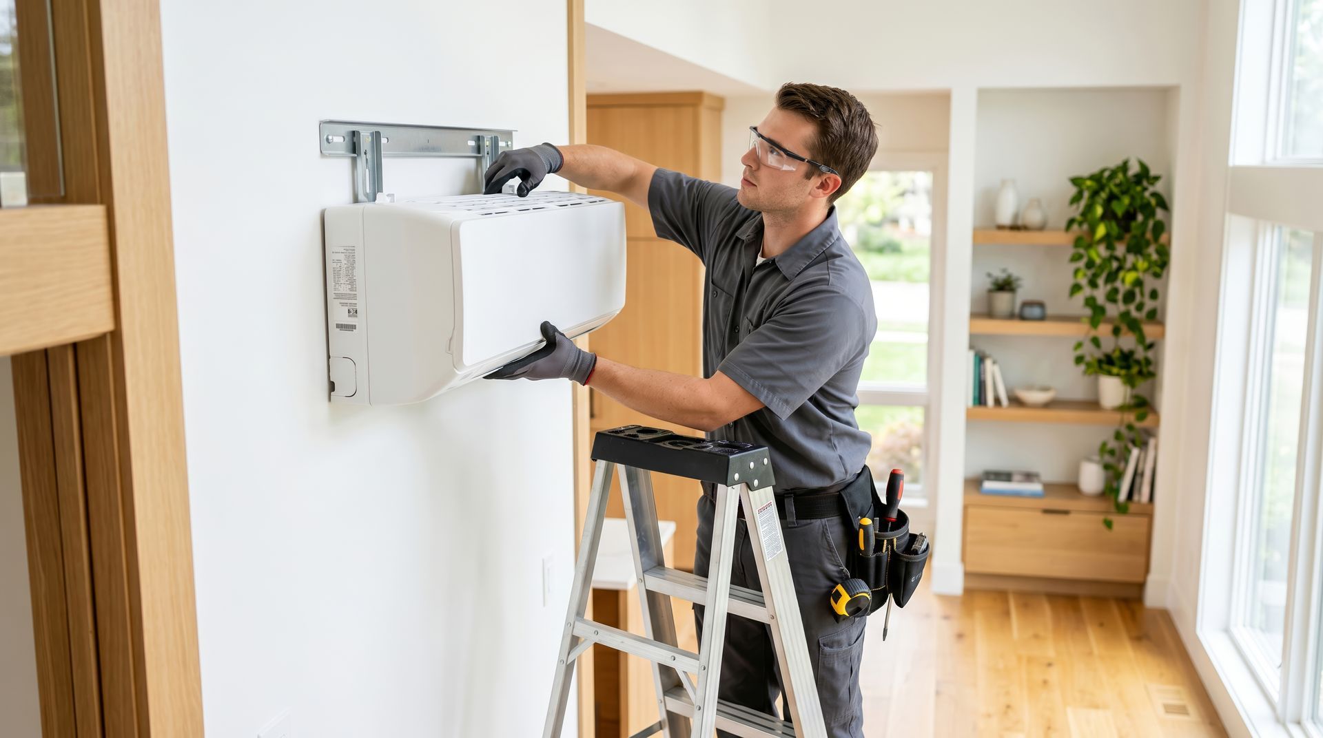 A residential air conditioning contractor installs a ductless mini-split unit on an interior wall.