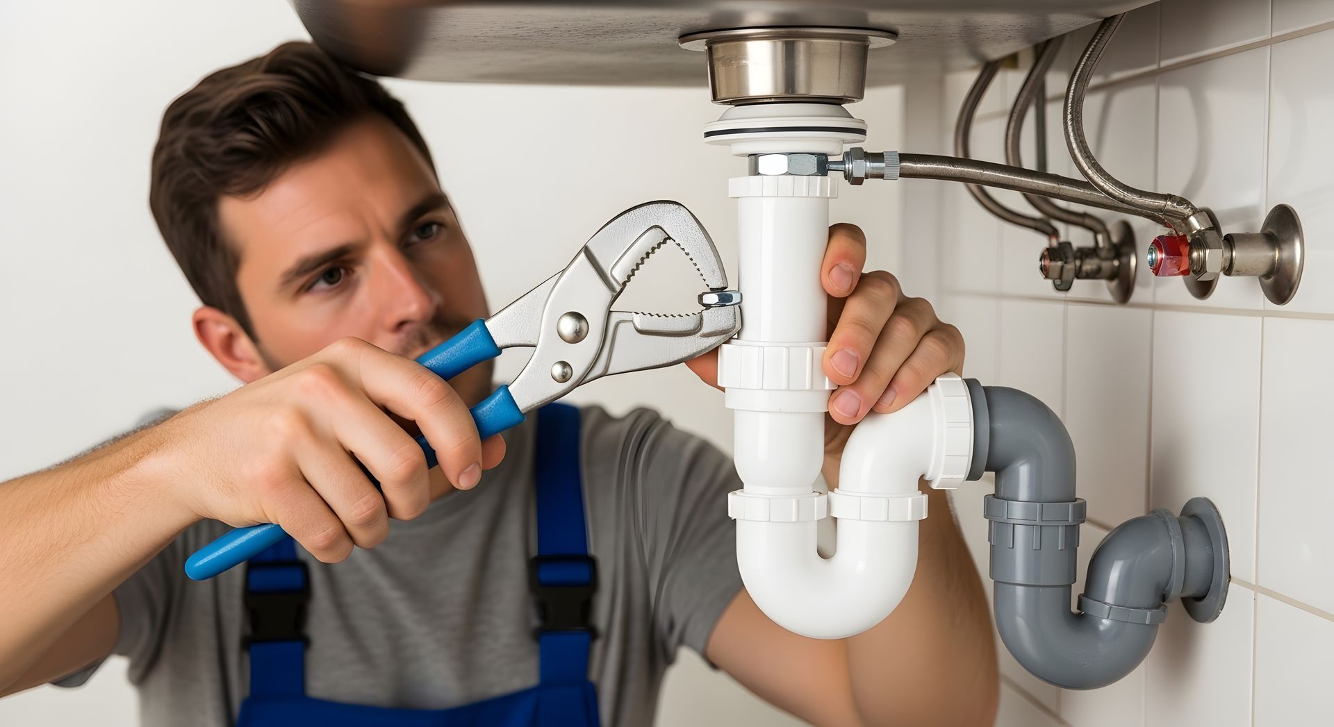 Professional male plumber in blue work uniform fixing trap under residential kitchen sink.