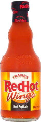 A bottle of Frank's RedHot Wings Hot Buffalo sauce, featuring a red sauce and a yellow and white label.
