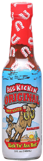 A bottle of Ass Kickin’ Original hot sauce, featuring a cartoon donkey kicking its legs on a desert background.