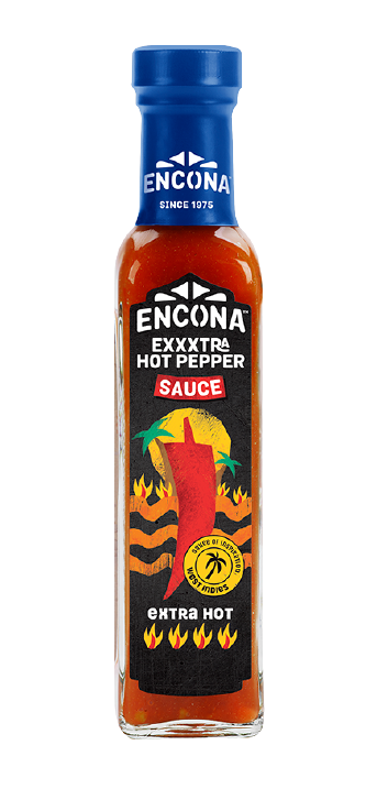 A bottle of Encona Exxtra Hot Pepper Sauce with a red chili pepper graphic on a black label and a blue screw cap.
