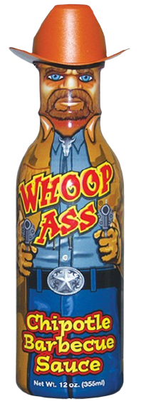 A bottle of Whoop Ass Chipotle Barbecue Sauce featuring a cartoon cowboy illustration holding two six-shooters.