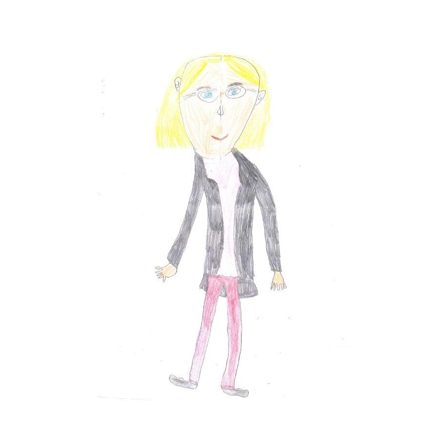 Child's drawing of a person with blonde hair wearing glasses, pink pants, and a black jacket.
