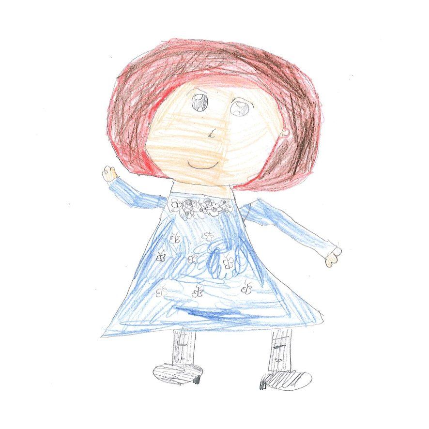 Child's drawing of a girl with red hair, blue dress, and shoes, waving her right arm.