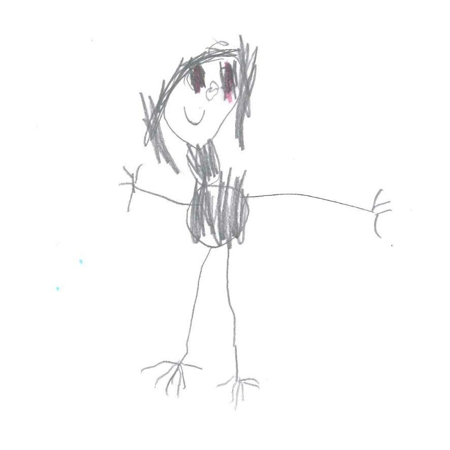 Child's drawing of a person with outstretched arms, dark hair and eyes, and a smiling face.