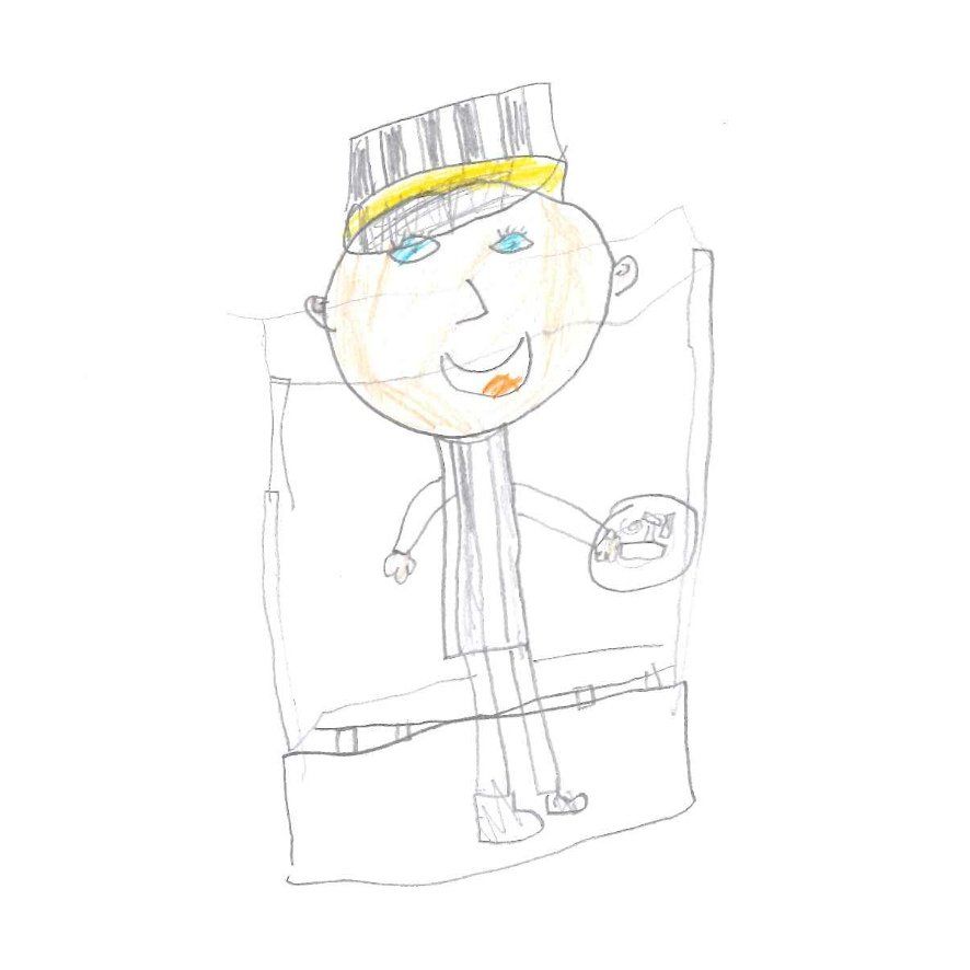 Child's drawing of a bellhop smiling, holding a plate, wearing a striped hat with a yellow band.