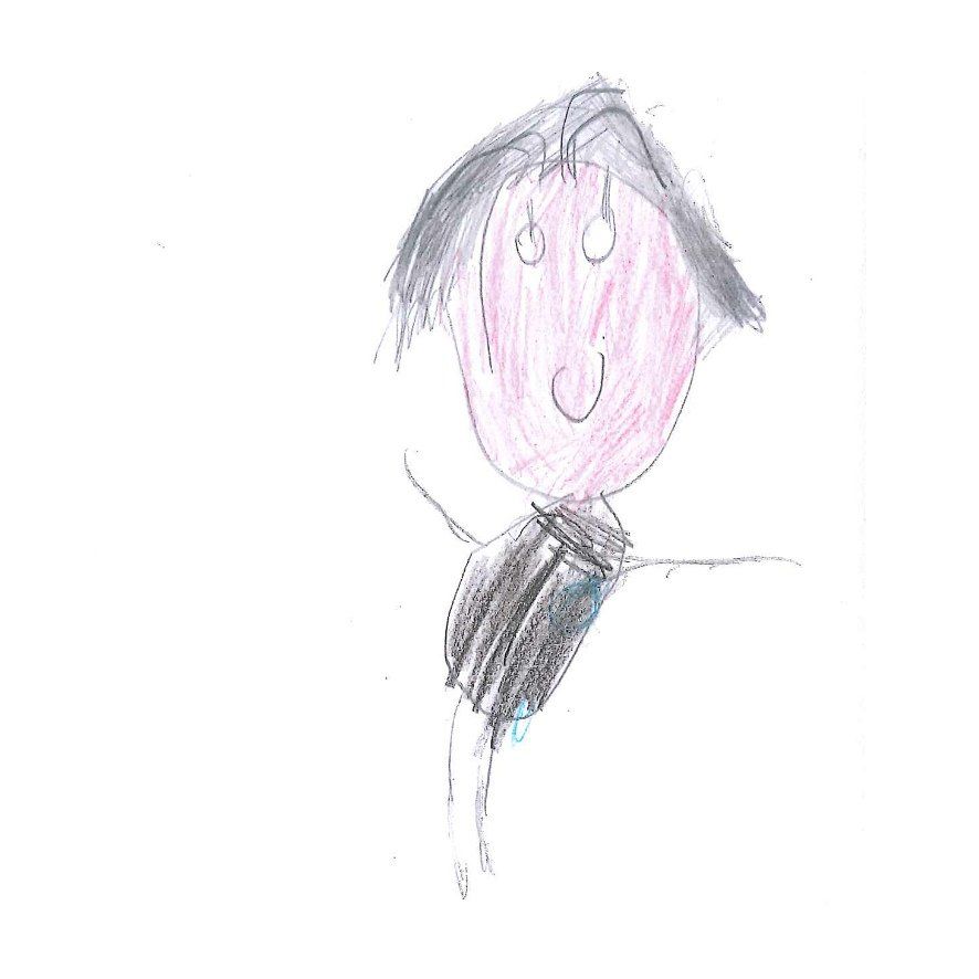 Child's drawing of a person with dark hair, pink face, and black clothes, arms outstretched, drawn on white.