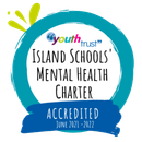 Island Schools' Mental Health Charter accreditation badge with teal and blue circular design, with Youth Trust logo and the word 